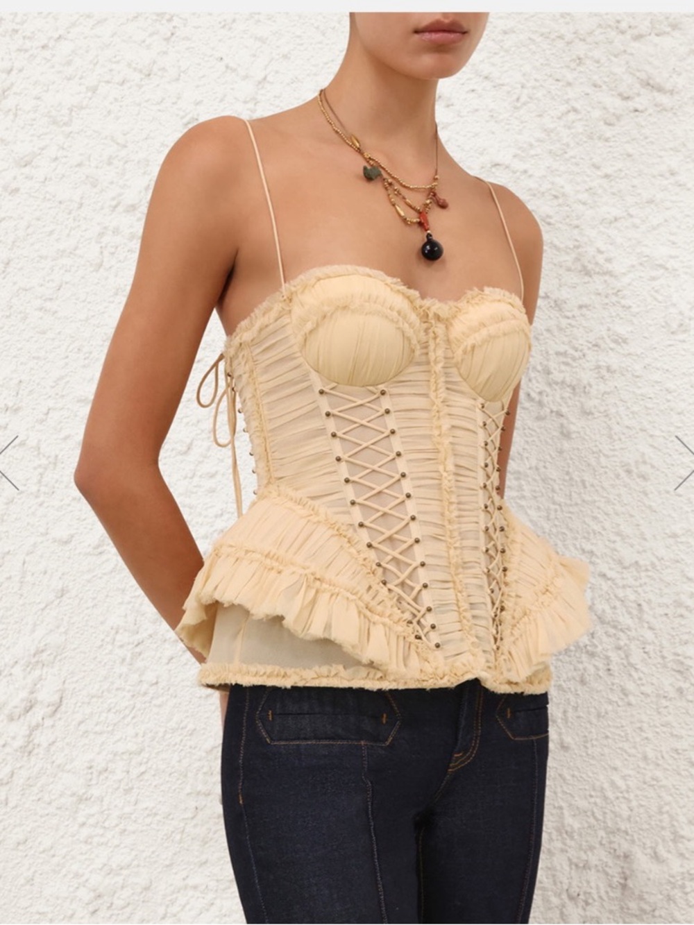 Zimmermann Pleated Corset Peplum Camisole in Pale Yellow